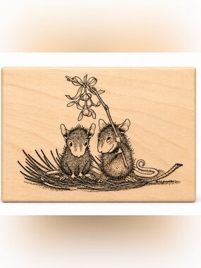Vintage 1997 House Mouse Designs Mice Under Mistletoe Wooden Rubber Stamp